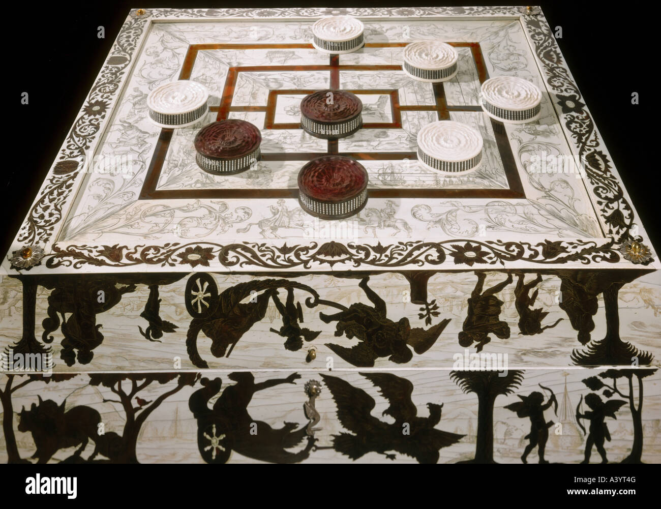 game and gambling, board games, box for chess, nine men `s morris and trick track, oak, tortoise shell inlays, ivory, silver, Augsburg, last quarter 17th century, Bavarian National Museum, Munich, historic, historical, Europe, Germany, games, tile, tiles, people, Stock Photo